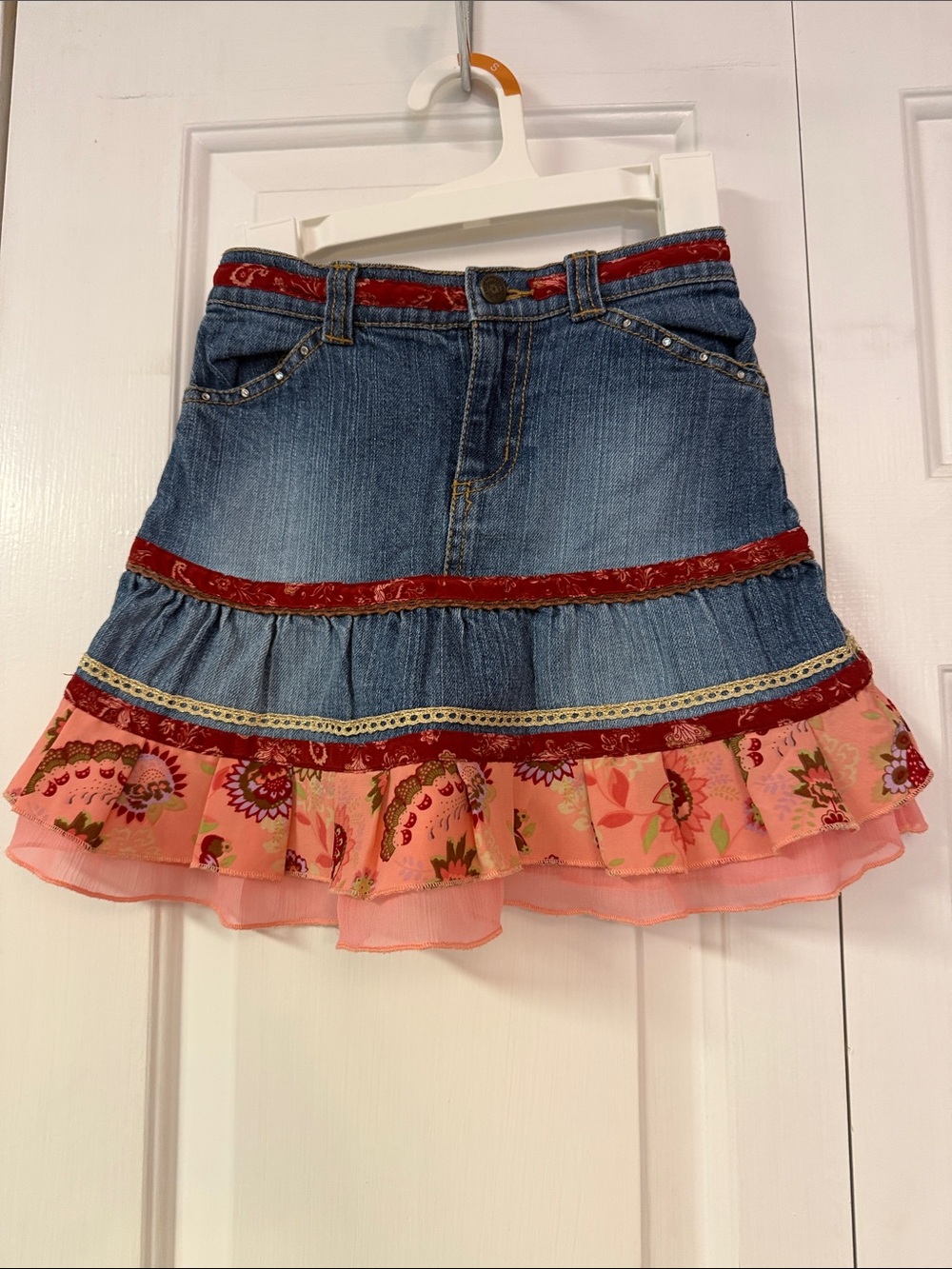 Girls' Denim Tiered Skirt with Pink Floral Ruffle and Red Velvet Trim